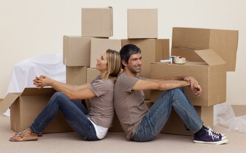 Packing boxes and furniture being loaded into a van for a London relocation
