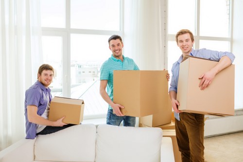 Carefully labelled moving boxes ready for unpacking in a London flat